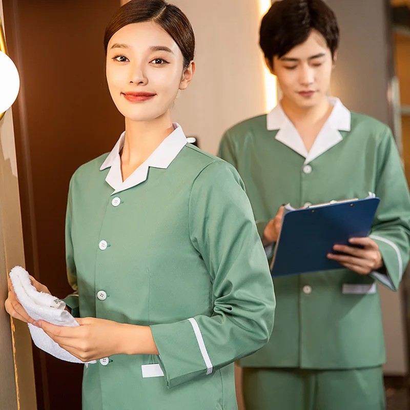 ชุดทํางานทําความสะอาดปกสําหรับผู้หญิง แขนยาว ชุดพนักงานบริการห้องพักในโรงแรม การทําความสะอาด การจัดการทรัพย์สิน การขาย