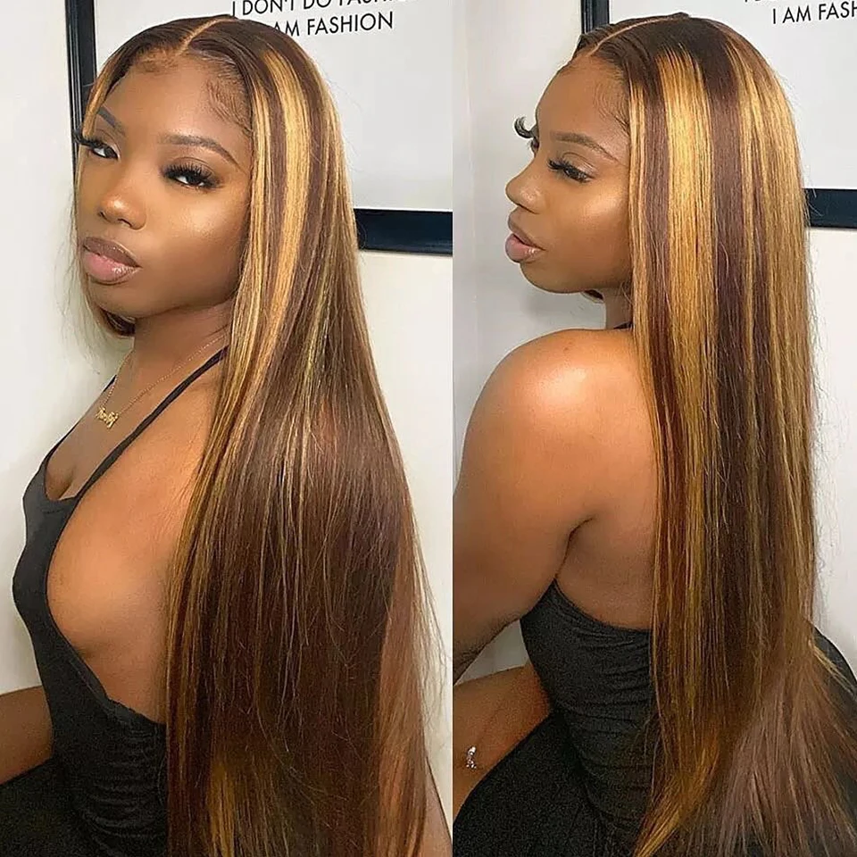 Megeen 13X4 Transparent Lace Frontal Wig Human Hair P4/27 Highlight Honey Blonde Straight Lace Front Wig Colored Ombre Wigs Remy