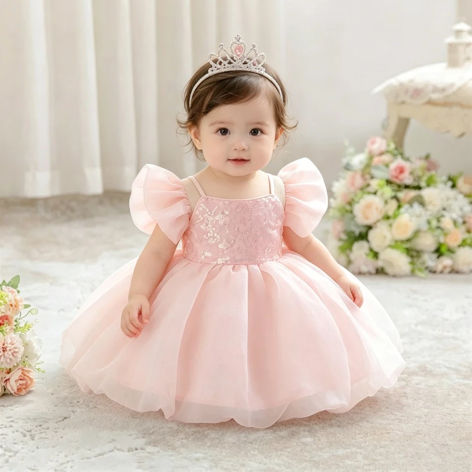 Baby Girls Pink Off Shoulder Puffy Sleeve Sequin Tulle Dress Toddler Fluffy Bubble Skirt Gown for Baptism Birthday Party ZD36