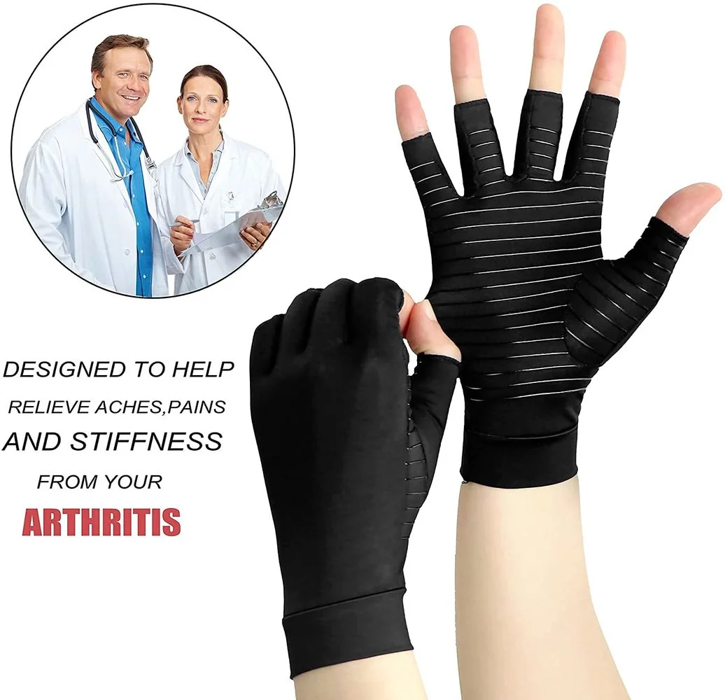 1Pair Copper Compression Arthritis Gloves Fingerless for Carpal Tunnel, RSI, Rheumatoid, Tendonitis, Hand Pain, Computer Typing