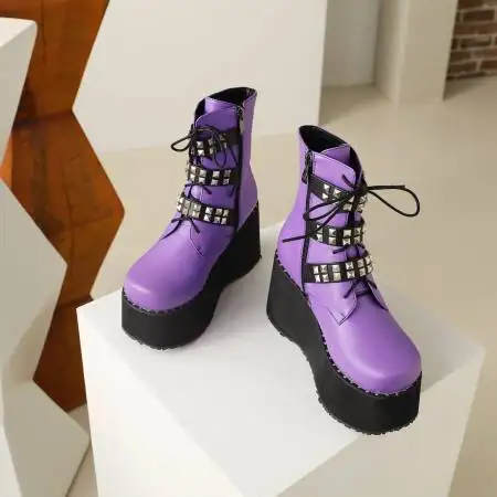 Motorcycle Boots for Women Autumn Platform Wedges Ankle Women\'s Shoes Brand New 2024 Buckle Strap Fashion Goth Purple