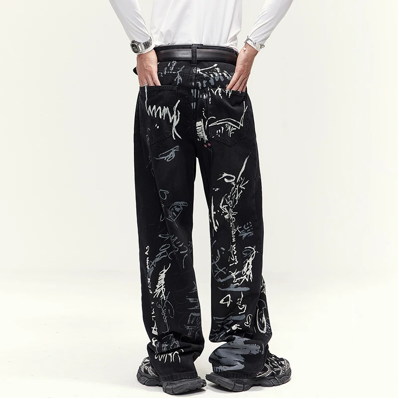 2024New Hip Hop American Street Inkjet Graffiti Printing Jeans Men's High Street Special-Interest Design Loose Straight Trousers