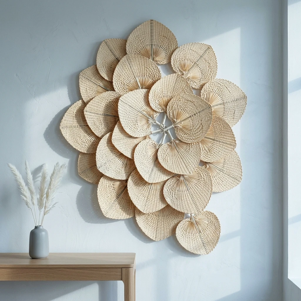 Handmade Woven Fan Wall Decor Set - Large Raffia Palm Leaf Wall Art for Boho Home Rustic Wedding Backdrop Sustainable Farmhous