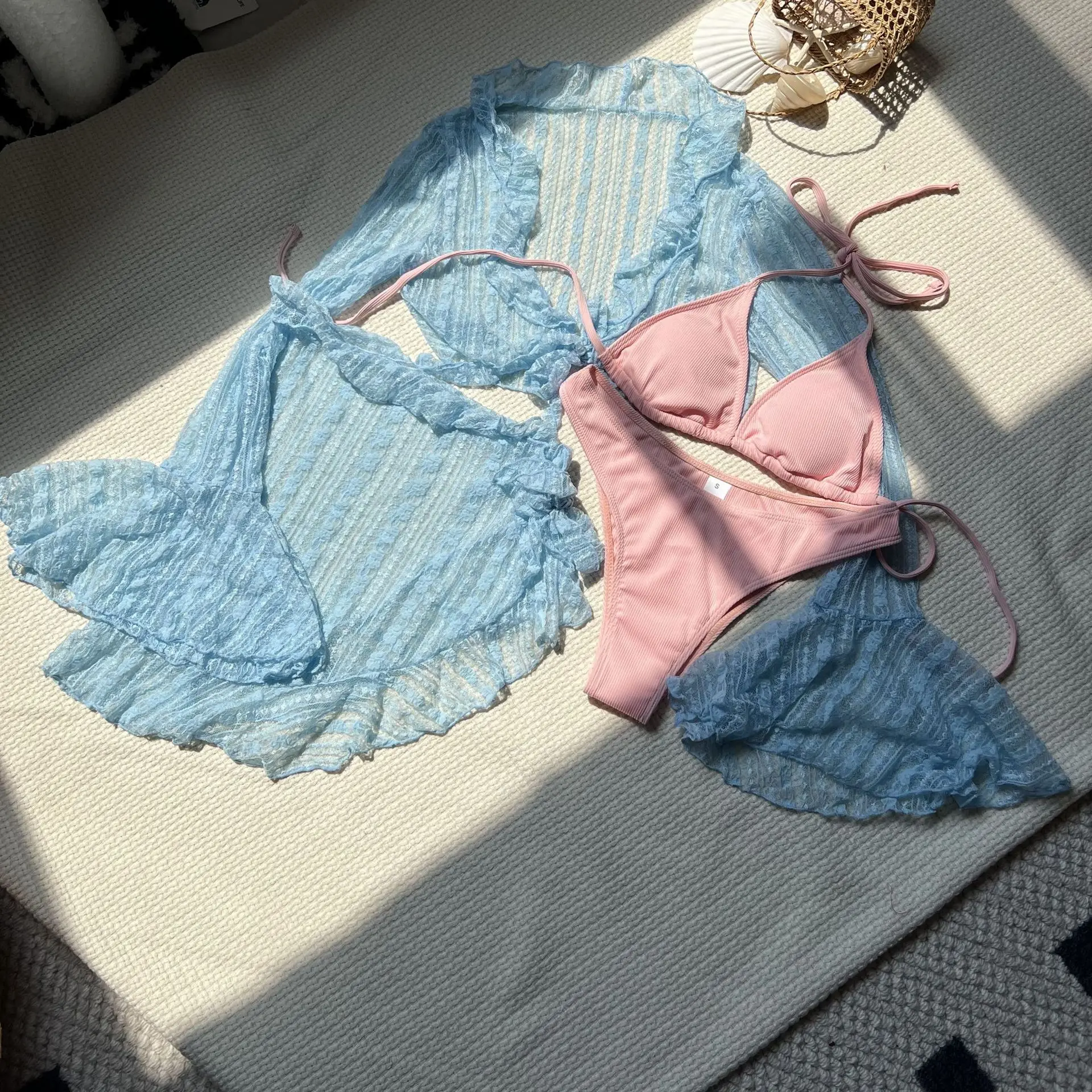 2025 Women's Sexy Lace Mesh Bikini Set 4-Piece See-Through Cover Up Beach Swimwear Summer Holiday Beach Clothes Women Outfits