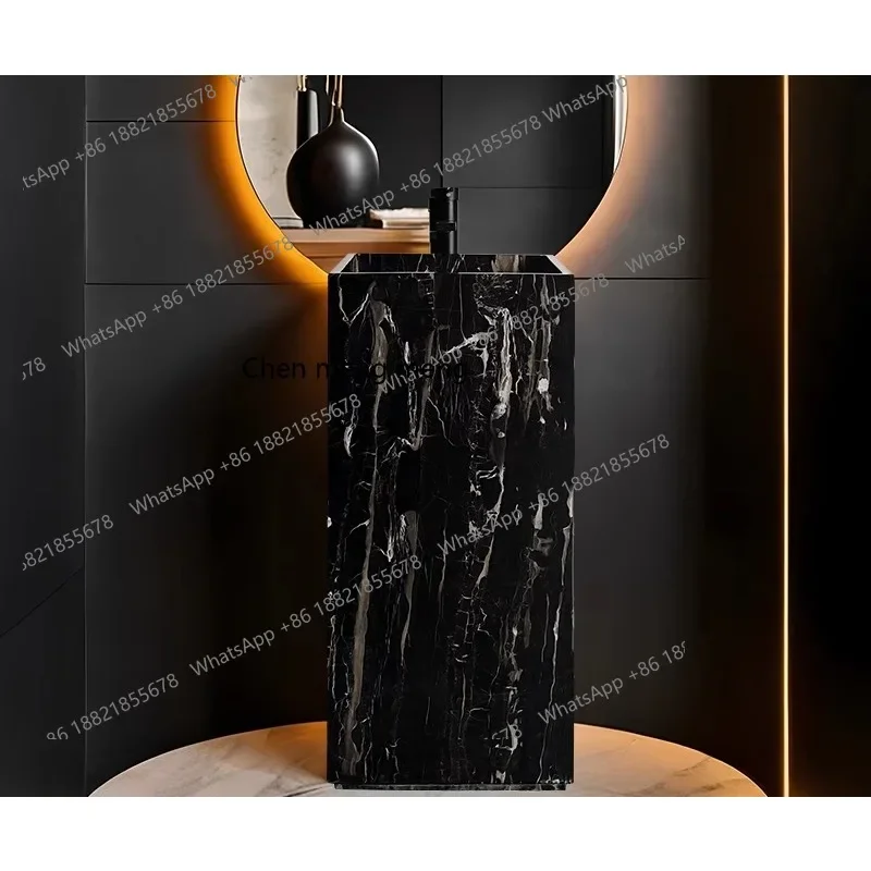 

Natural marble integrated column basin, rough stone floor-to-ceiling wash basin