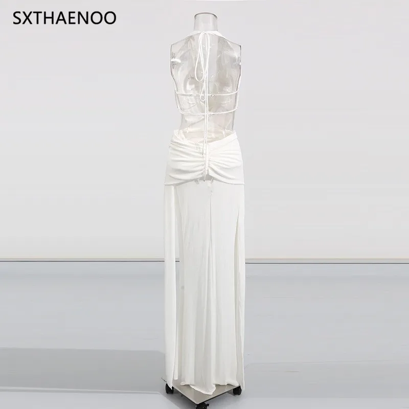 SXTHAENOO Spliced Backless Bodycon Dresses Women Halter Neck Sleeveless Patchwork Sheer Sexy Folds Evening Midi Dress Female