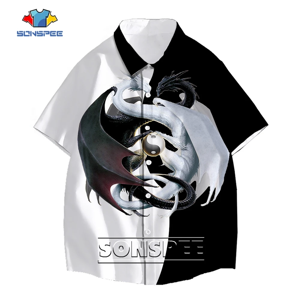 

SONSPEE Black and White Twin Dragon Pattern 3D Printing Shirt Amazing Designs Men Women's Oversize Clothing Short Sleeve Tops