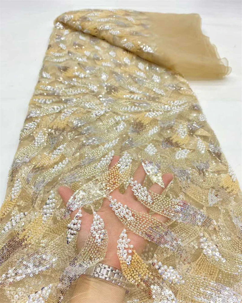 

Высококачественная кружевная вышивка с блестками, сетчатое кружево с бусинами, новейшая африканская кружевная ткань с блестками для женщин, свадебное платье
