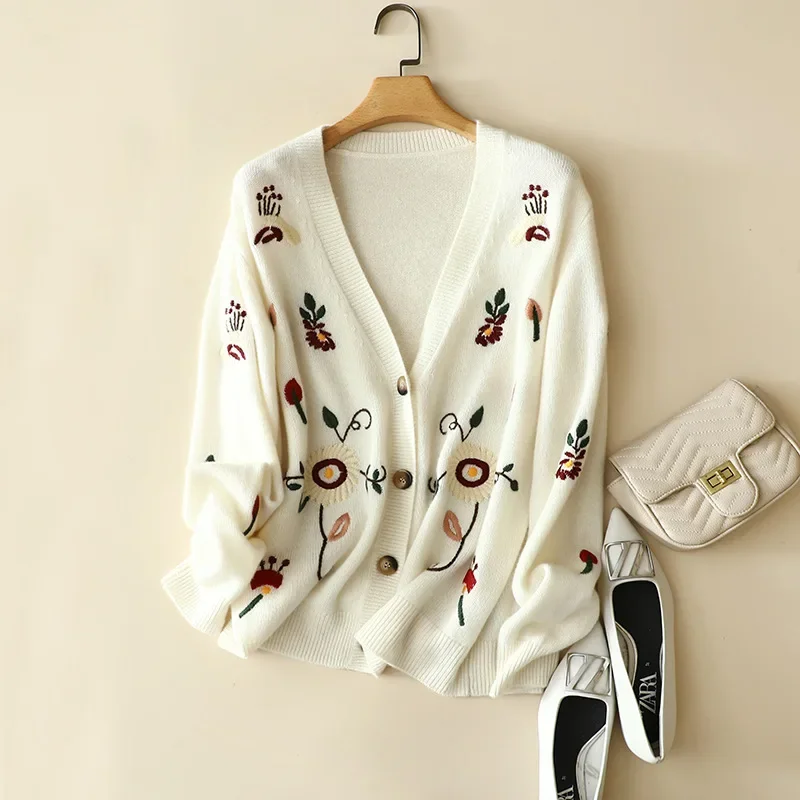 luxury autumn winter new styles 100% cashmere outerwear v neck women's embroidery cardigan coat female