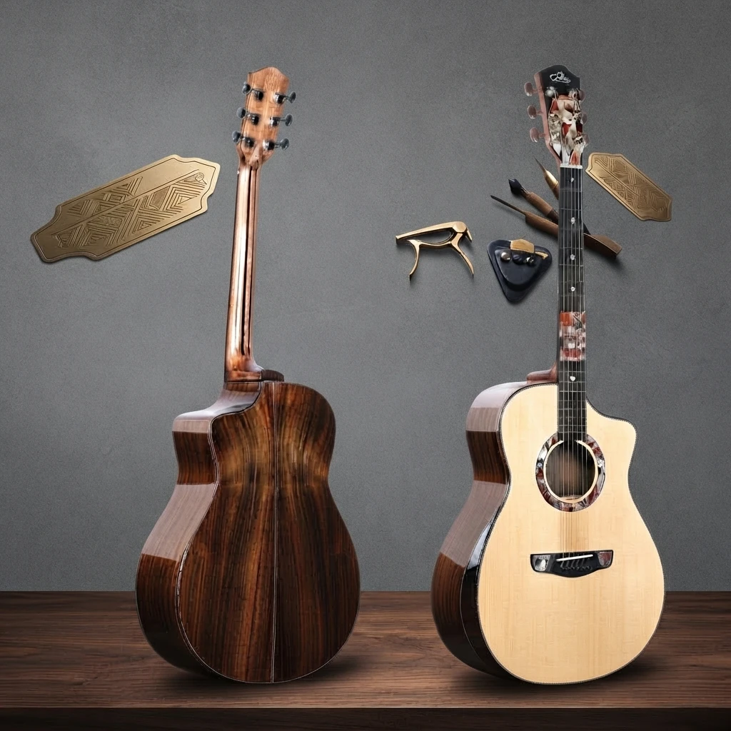 GA Cutaway All Solid Acoustic Guitar, Folk Style, Colorful Inlay, Gloss Finish, Chrome Tuners, 6 Strings for Stage Performance