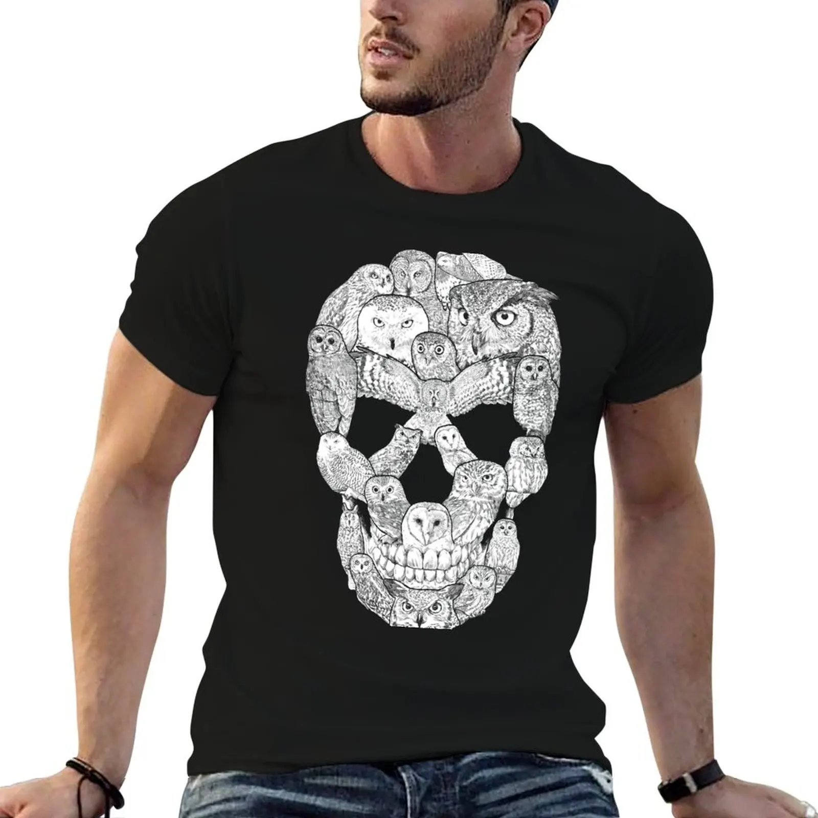 Owl Filled Skull T-Shirt Large Size Basic Casual T-Shirt