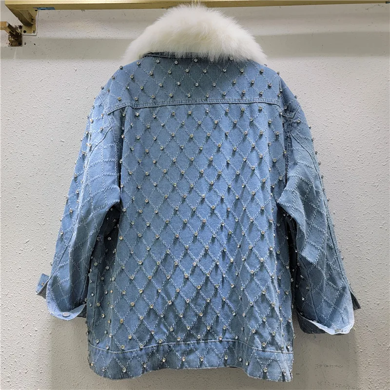 Winter Women Heavy Work Diamond Frayed Burrs Warm Faux Rabbit Fur Liner Denim Jacket Casual Lapel Long Sleeve Jeans Jacket Coat