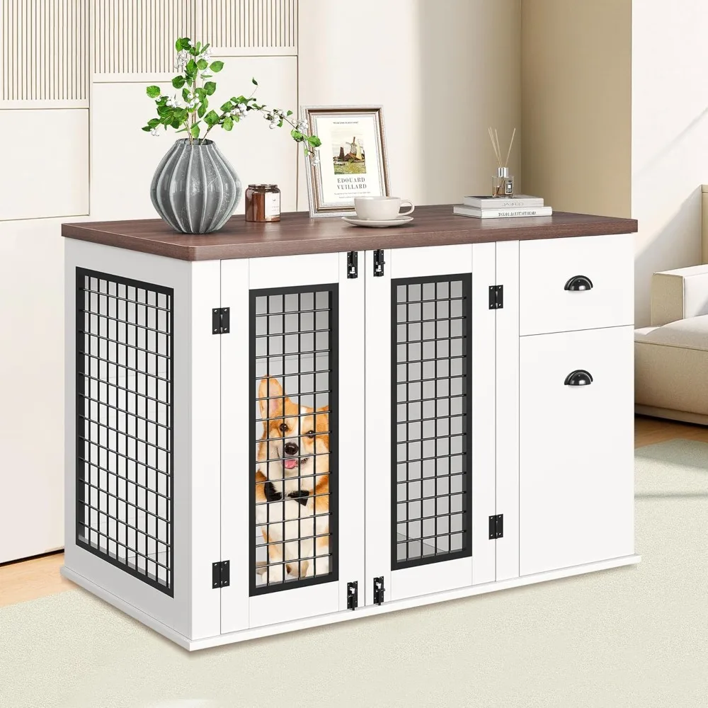 

44'' Dog Crate Furniture with Drawer & Cabinet, Heavy Duty Dog Kennel Furniture, Wooden Indoor Pet Cage Side End Table for Small