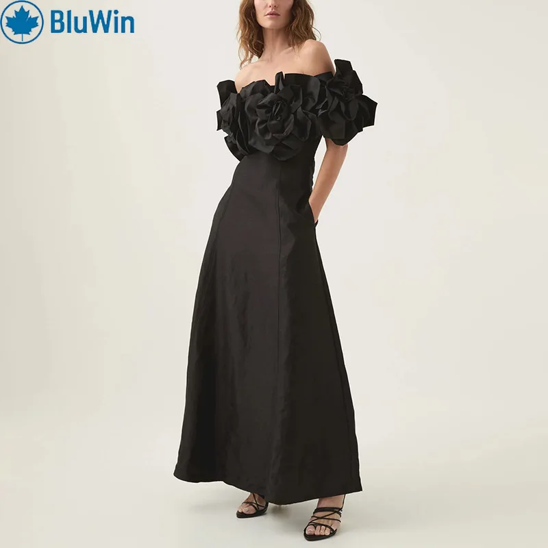 فستان BluWin 5Colors 2025 بدون حمالات - مزين بالزهور ثلاثي الأبعاد، فستان أنيق بلون موحد للنساء