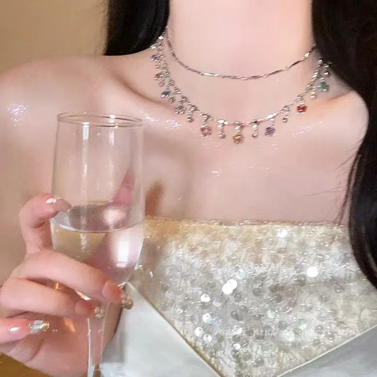 Punk Schwarz Zirkon Rose Anhänger Halsketten für Frauen Vintage Exquisite Doppel Layered Schlüsselbein Kette Ästhetik Y2k Schmuck Geschenke – Detail 11