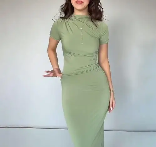 

Sexy Dresses Women's 2025 Autumn Daily Clothing New Style Solid Color Short Sleeve Round Neck Slim Hip Wrap Dress for Women Wear