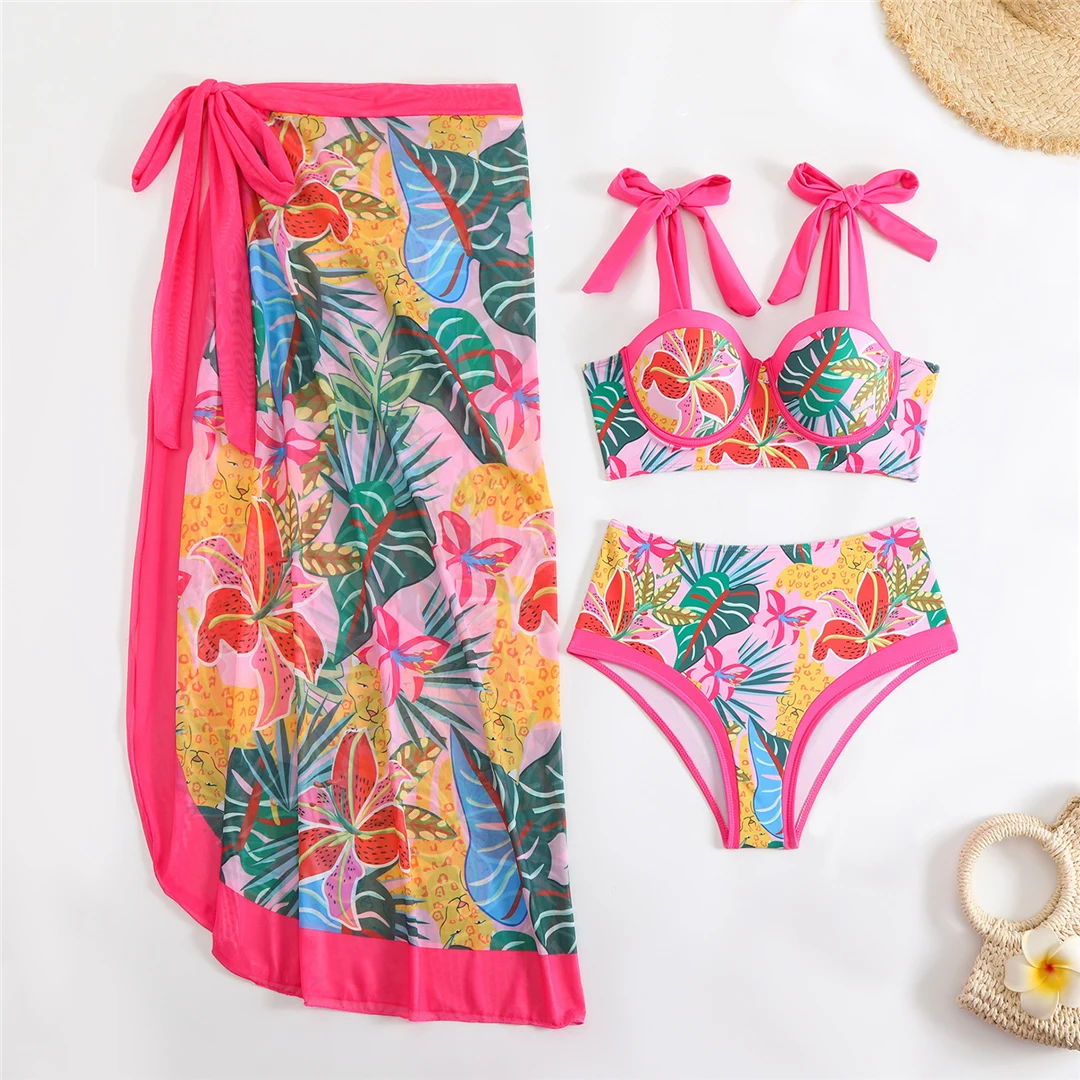 Neuer, bedruckter Badeanzug mit Sarong, hochtaillierter Bikini, dreiteiliges Bikini-Set, Damen-Badebekleidung, Badeanzug, Badebekleidung, Schwimmbekleidung V6349 – Detail 14