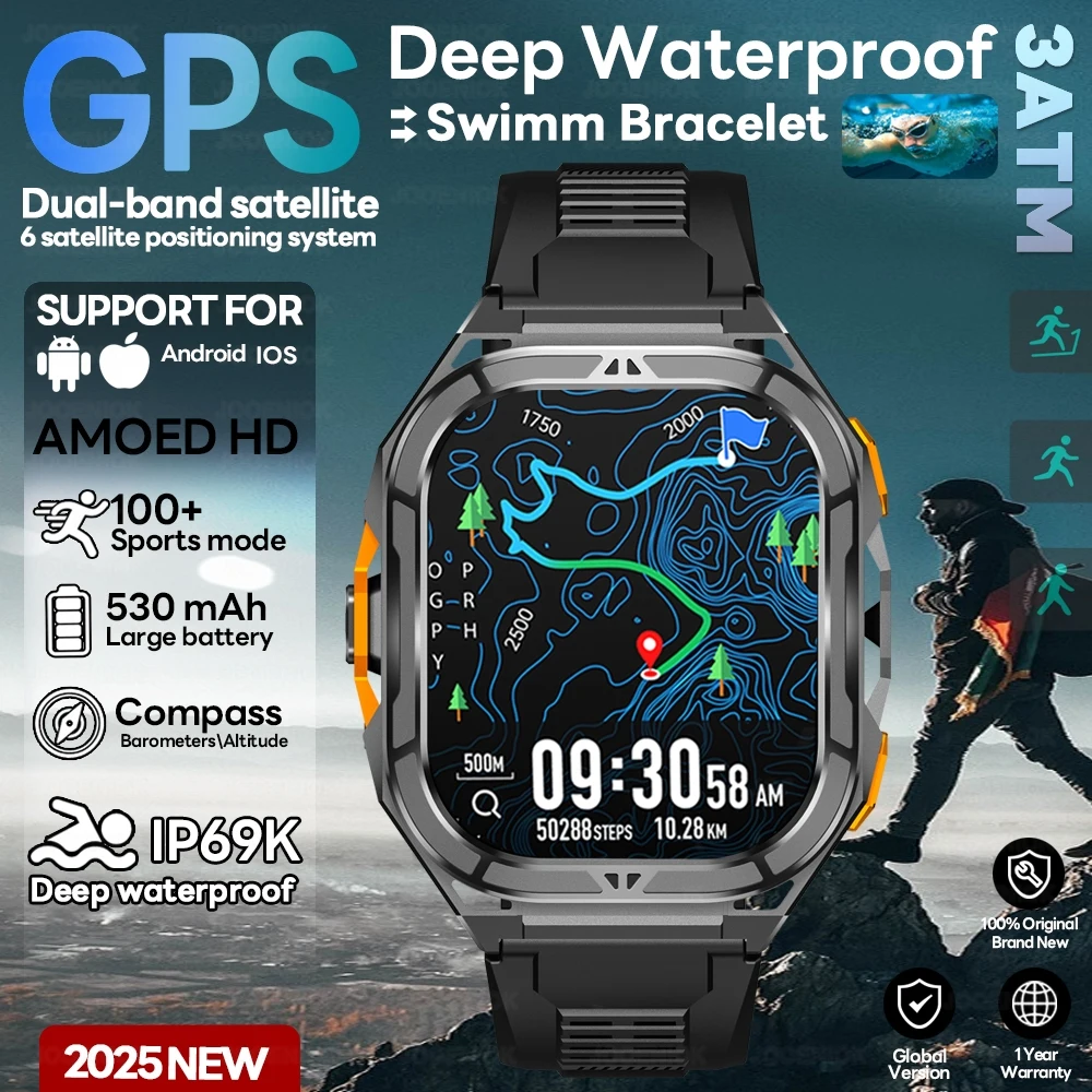 New GPS Smart Watch 10ATM Waterproof Built-in Dual-band GNSS Compass Military Sport Smartwatch Men 2025 New