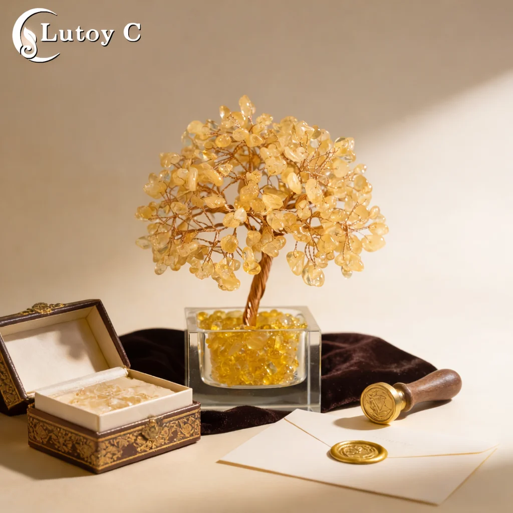 

Handmade Citrine Crystal Tree With Glass Dome, Feng Shui Money Tree, Yellow Gem Tree For Home Decor, Crystal Gift, Home Decor