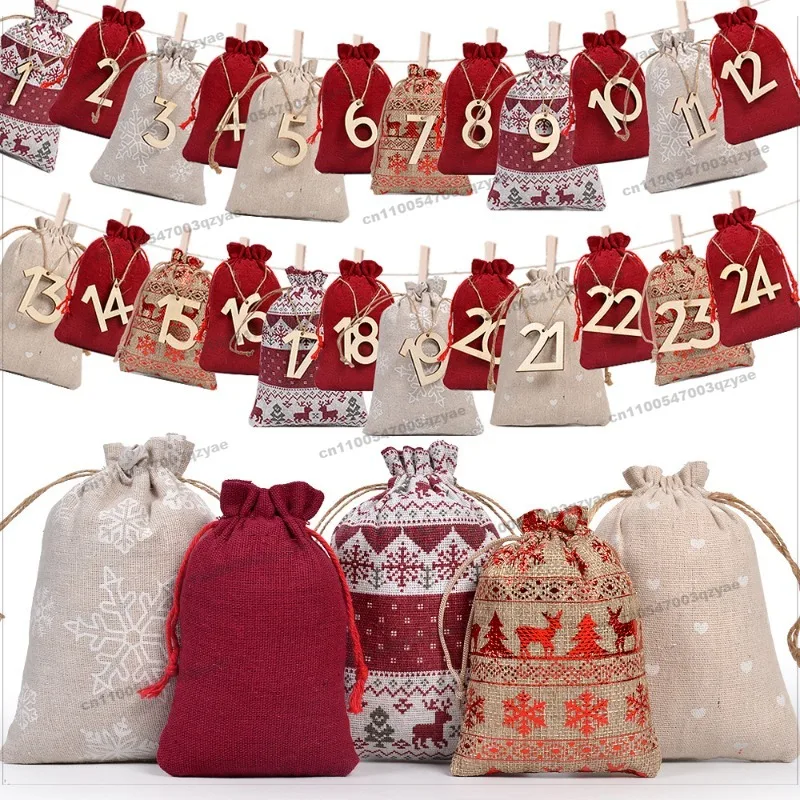 24-teiliges Set Weihnachts-Leinentasche mit Kordelzug, Bündel, Mundtasche, Adventskalender, Hängetasche, Weihnachtsgeschenkset