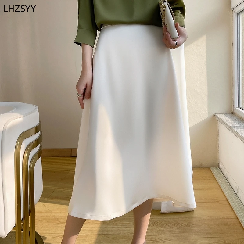 LHZSYY Silk Satin A-Word Big Swing Skirt\' Ladies New High-Waist Hip Long Skirt 2024Summer Fashion Solid Wild Mulberry silk Skirt