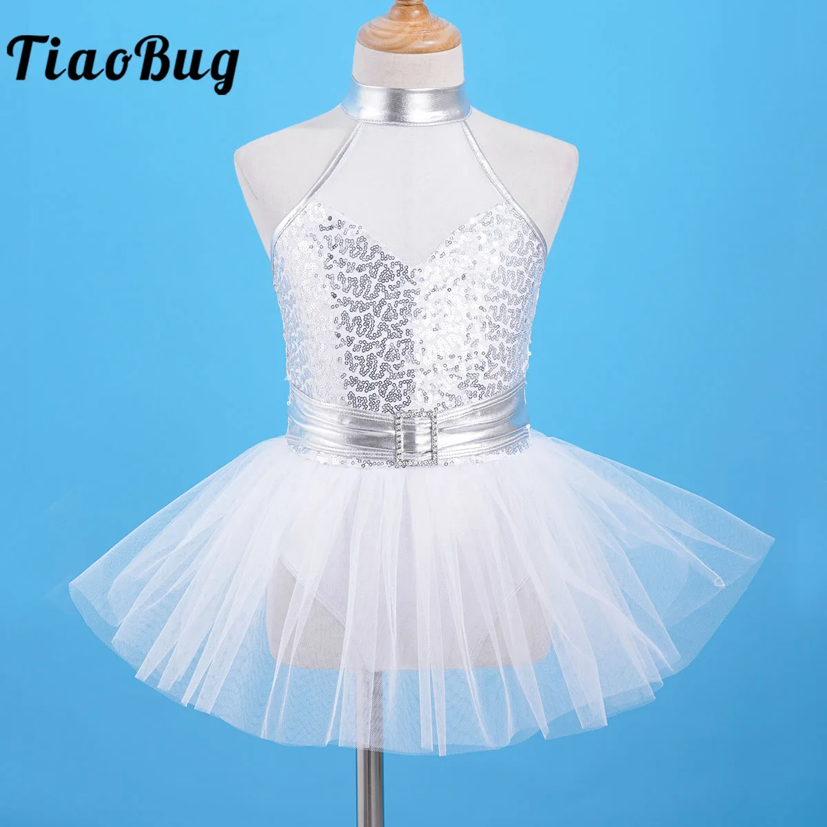 

Kids Girls Glitter Sequins Halter Ballet Dance Tutu Dress Gymnastics Leotard Modern Latin Jazz Dancing Stage Performance Costume