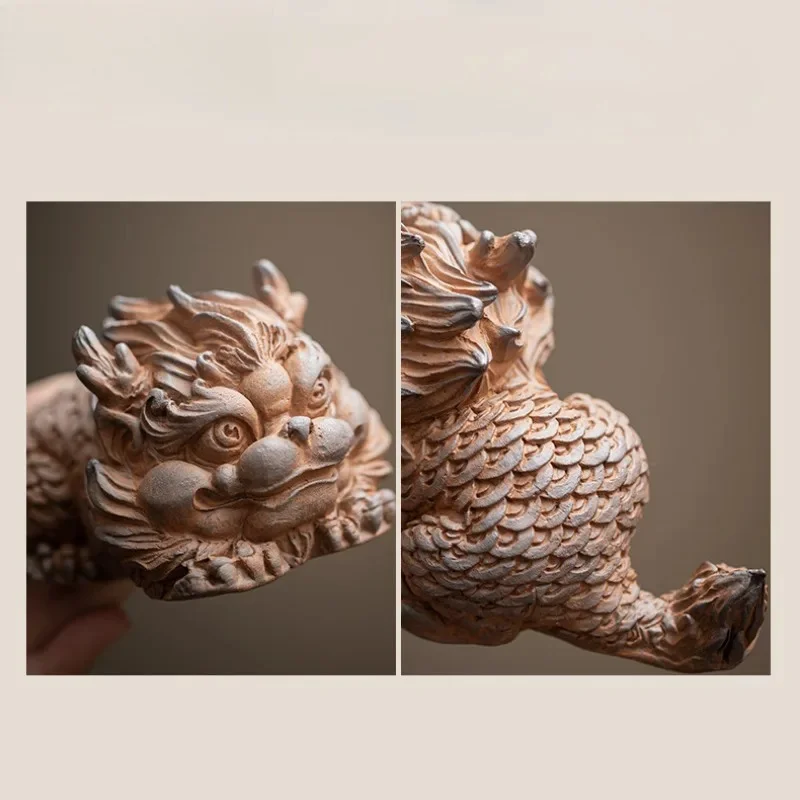 Old Rock Mud Fortune Kylin Tea Pet Retro Mini Planter Landscaping Ornament Handmade Tea Table Statue Craft Decor Gift
