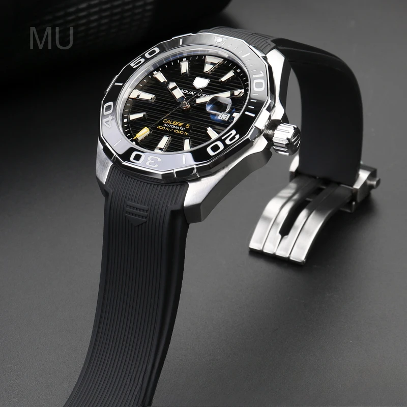 Black Blue for Tag Heuer Aquaracer Series Dainty Dust-free Watch Strap Waterproof Curved Interface Silicone Watchbands 22mm