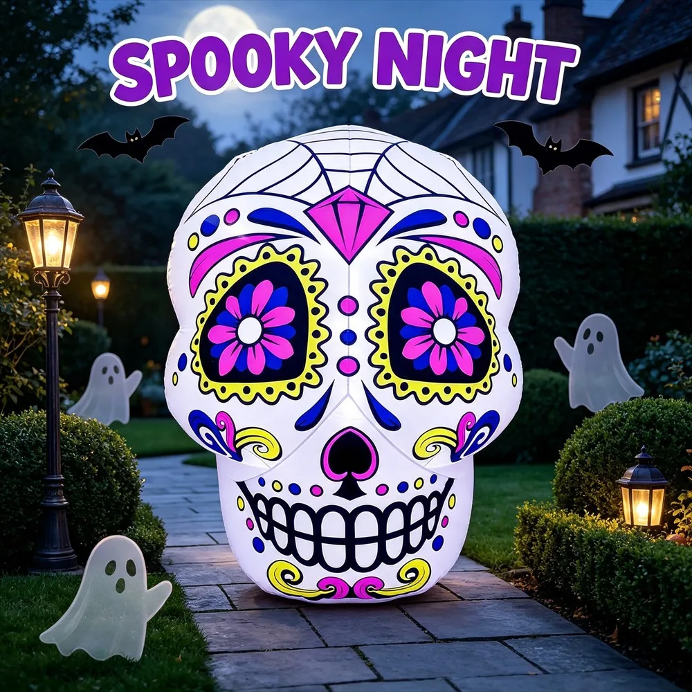 Halloween 3FT Inflatable Model Blow Up Sugar Skull Decor LED Lights Dia De Los Muertos Outdoor Holiday Display Decoration