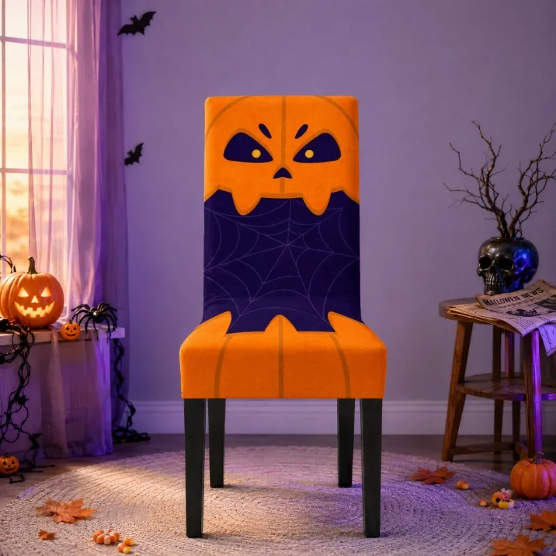 1PCS Halloween Decor Chair Cover Polyester Stretchable Pumpkin Grimace Spider Web Printed Dining Chair Cover Home Restaurant
