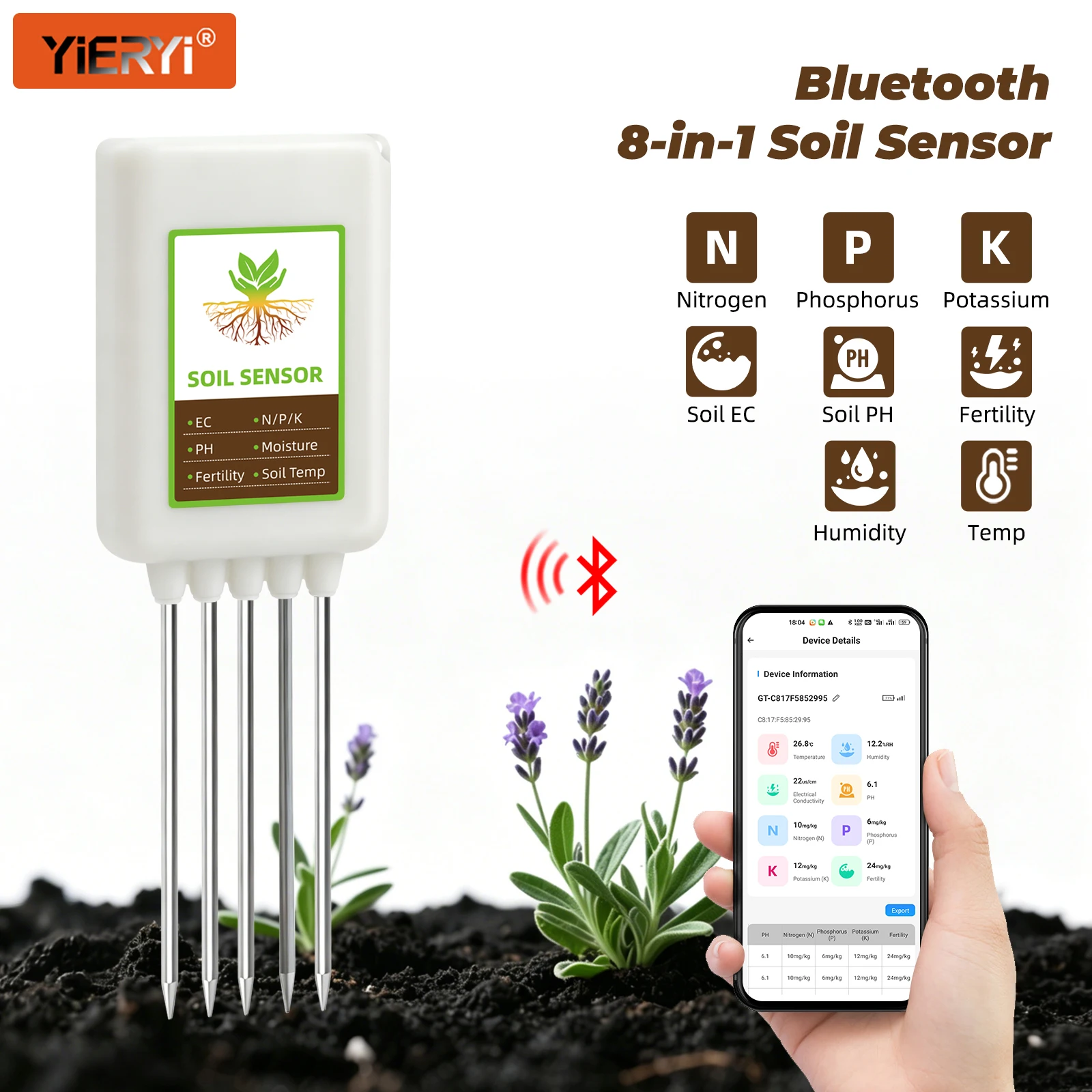 Bluetooth 8 in 1 Soil Tester NPK PH EC Meter Rechargeable Smart Soil Moisture Temperature Humidity Sensor for Garden Greenhouse