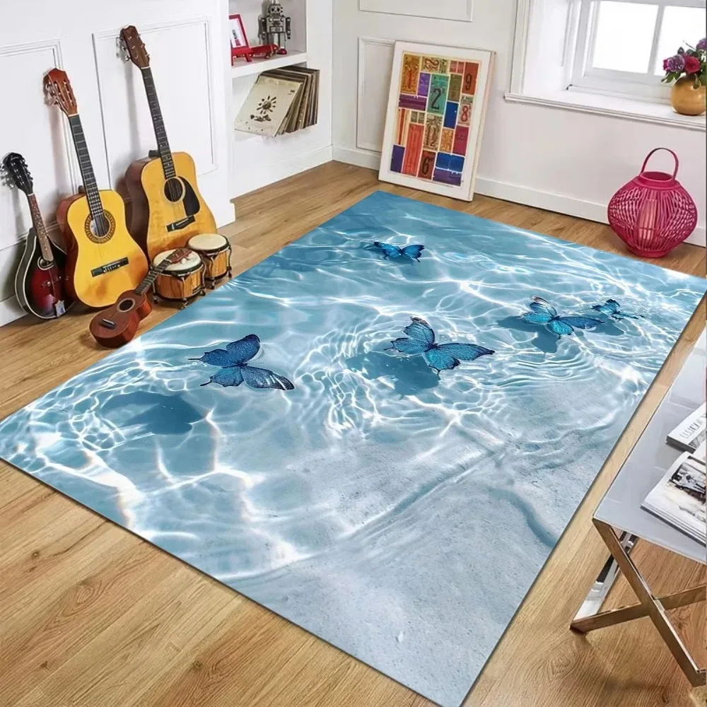 Blue Water Surface Butterfly Round Rug Vivid Clear Water Wave Pattern Area Carpet Aquatic‑Style Floor Mat Living Room Decor