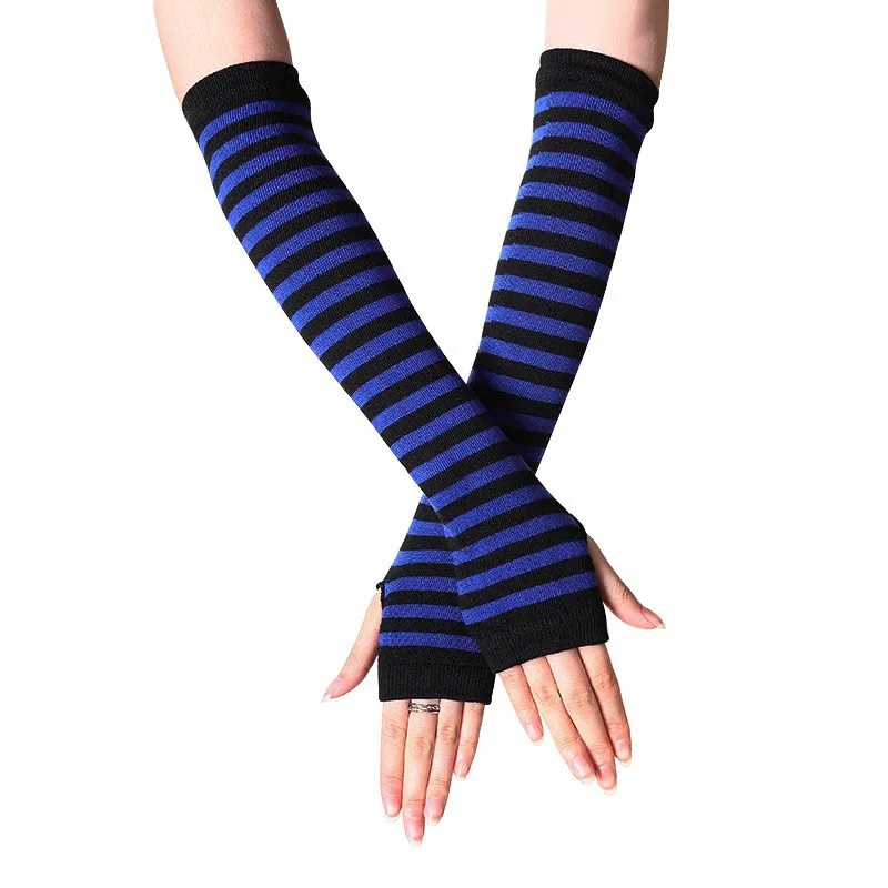 Schwarz-weiß gestreifte fingerlose Armwärmer für Damen, gestrickte lange Armstulpen, Gothic Punk Y2K Streetwear Cosplay Kostüm-Accessoires – Detail 7