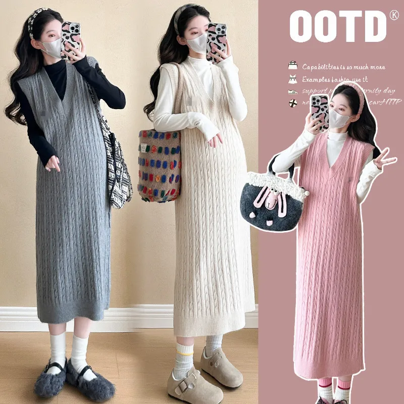 エレガントな妊娠服-秋のニットセーターとピナフォアドレス付き-スイートな韓国スタイルのマタニティツーピースセット-時代を超越したシック