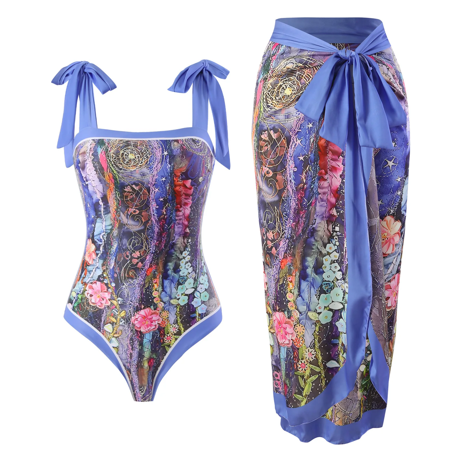 Luxury Elegant Flora Print Bikini Sets Swimsuit & Skirt Asymmetrical One Piece Swimwear Female Cover Up Brazilian Bathing Suit