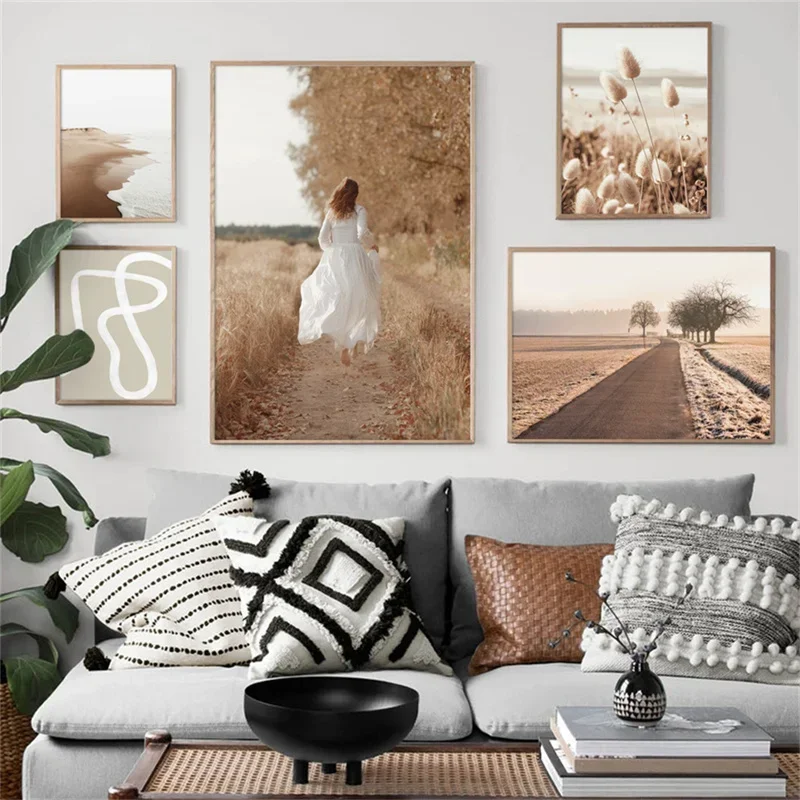 Autumn Beach Grassland Landscape Wall Art Nordic Reed Canvas Dry Grass Painting Girl Country Poster Home Decoration