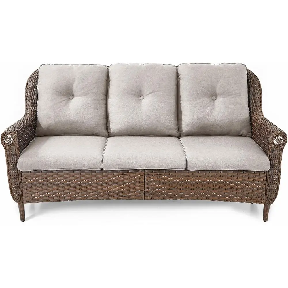 

Durable Weather-Resistant 3-Seat Wicker Sofa with High Back and Plush Cushions for Outdoor Patio, Garden, or Poolside - Beige