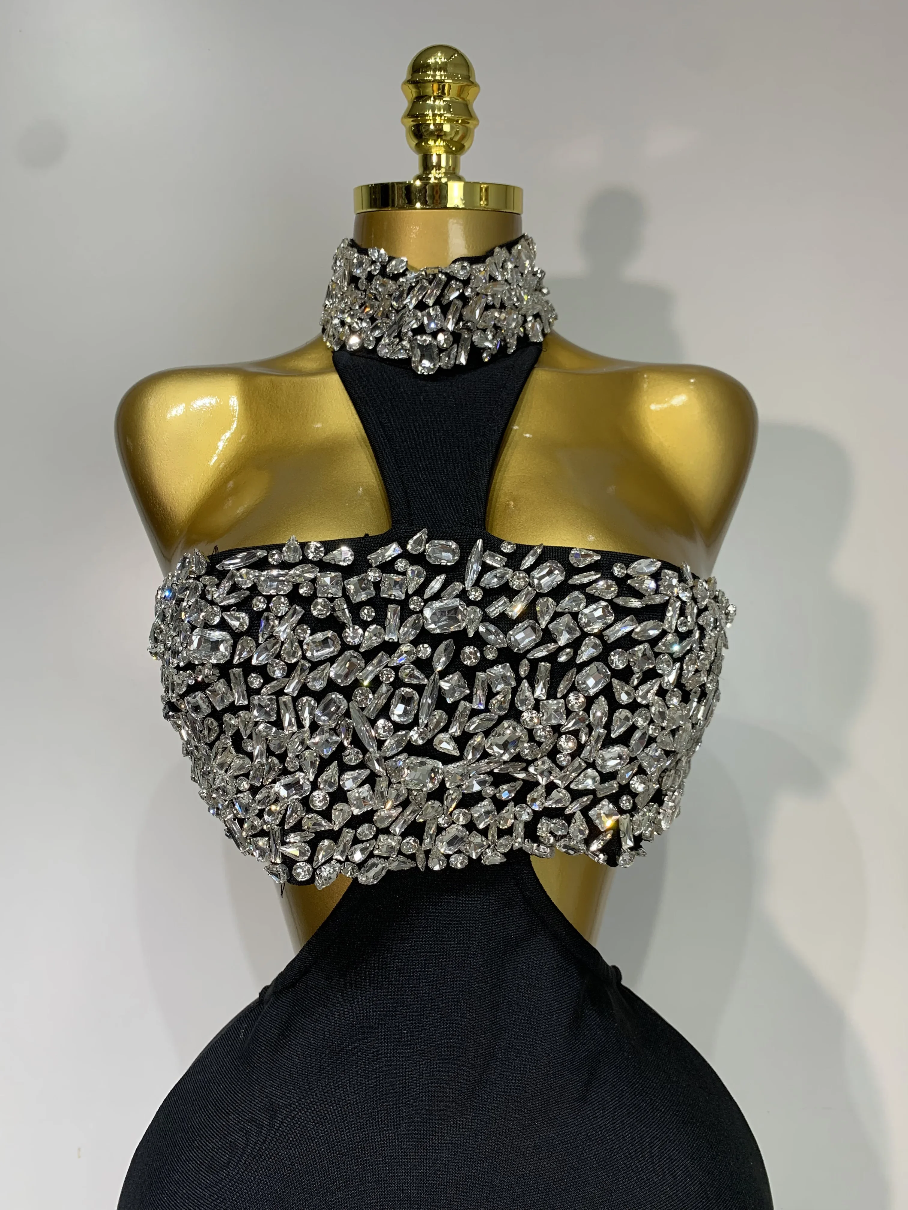 JDY Abito da donna sexy personalizzato con apertura sul retro scintillante con diamanti in cristallo nero aderente con fasciatura Abito da sera elegante per celebrità