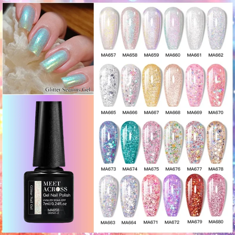 MEET ACROSS 7 ml Glitzer-Gel-Nagellack, Frühling, funkelnder, langlebiger Lack für die Maniküre, Soak Off Gel Nail Base Gel Top Coat