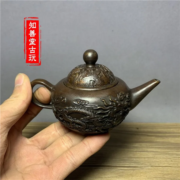 Bronze ware collection: Old brass, dragon and phoenix, auspicious. Qianlong imperial tea pot decorations, old  old objects