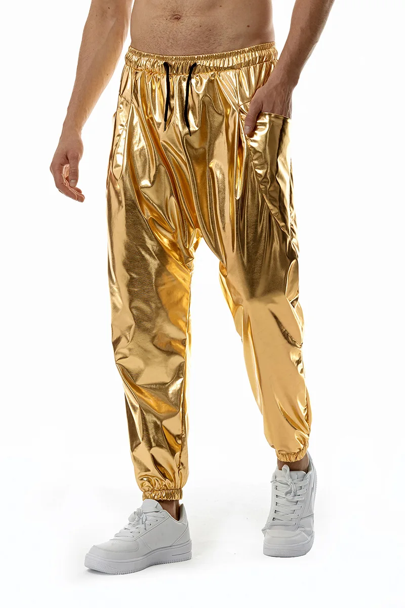 Shiny Metallic PU Leather Sweatpants Men Hip Hop Gold Coated Trousers Disco Nightclub Costume Stage Perform Pants for Singers