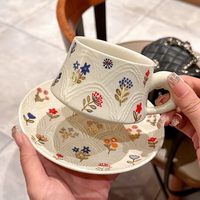 Relief Floral Ceramic Tea Set Delicate Print Cup and Saucer Set Fresh Pastoral Style Coffee Milk Mugs Home Use Tableware