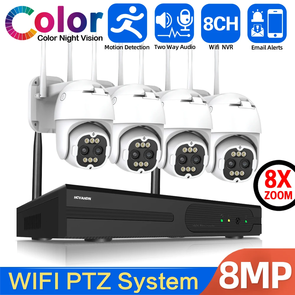 sem fio cctv camera security system kit lente dupla wifi ptz camera 2 way audio zoom 8x 4ch 4k 8mp 01