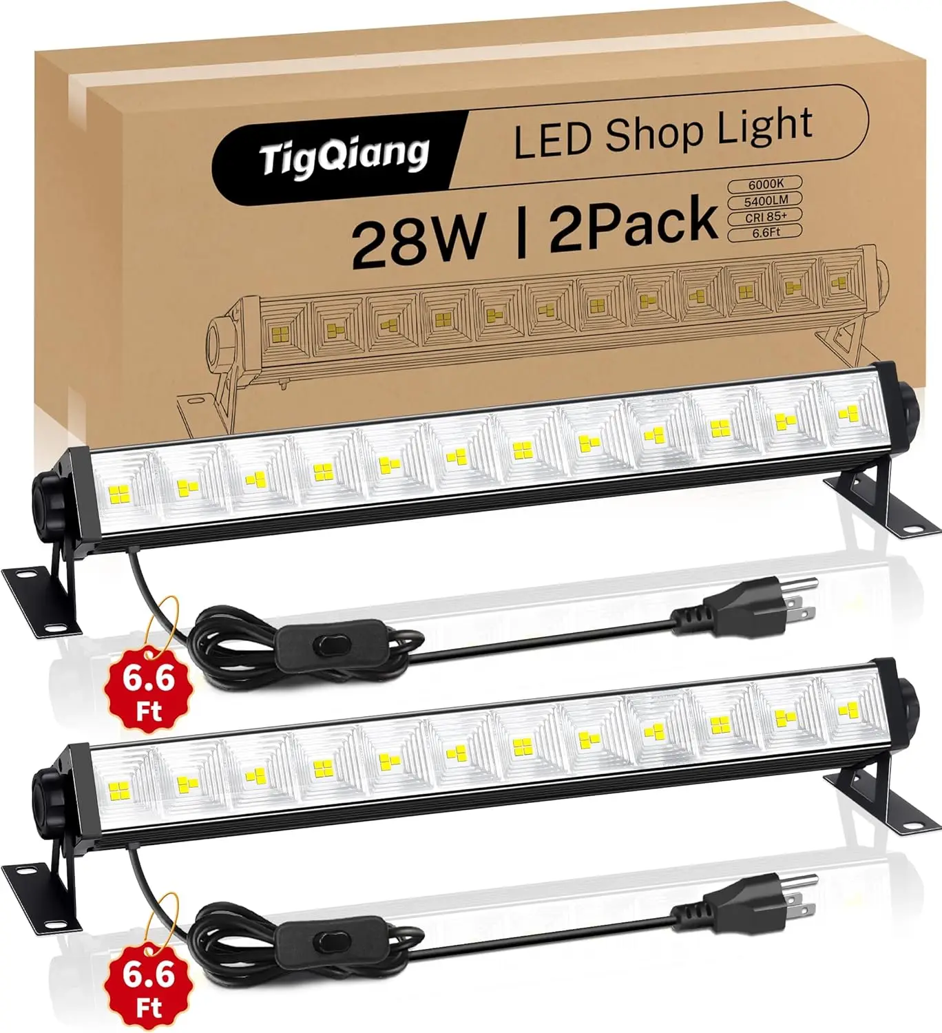 

28W LED Shop Light, 5400LM Plug in Garage Light with 6.6FT Cord & Switch, 6000K Daylight, 2 Pack