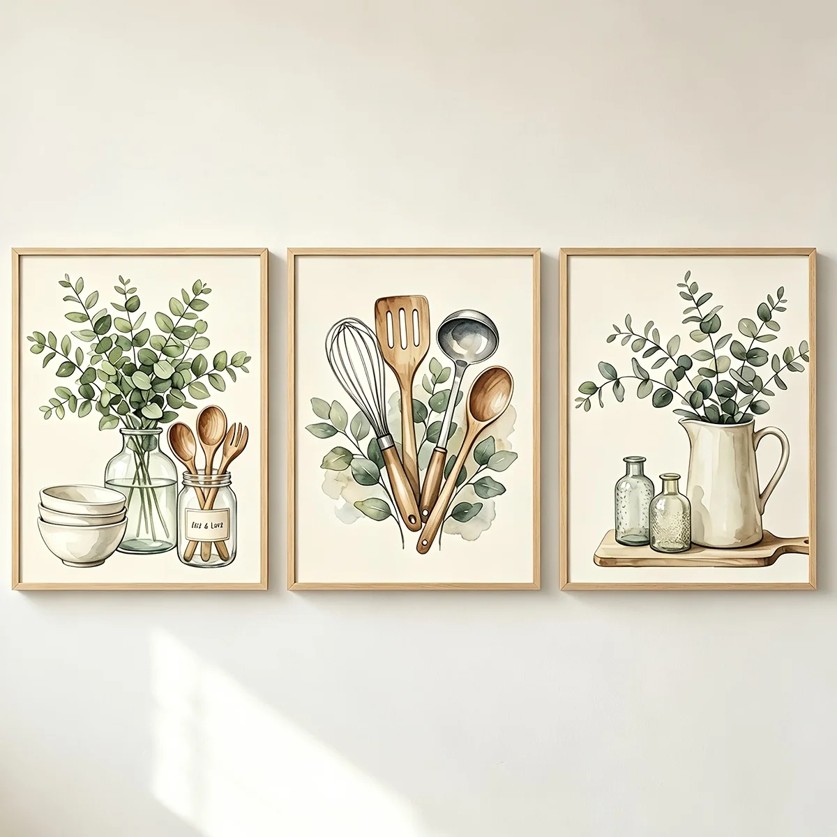 （NOframe 3PCS）-2D Flat, Posters & Prints Set of 3 Watercolor Farmhouse Kitchen Wall Art, Eucalyptus Wooden Utensils Still Lif