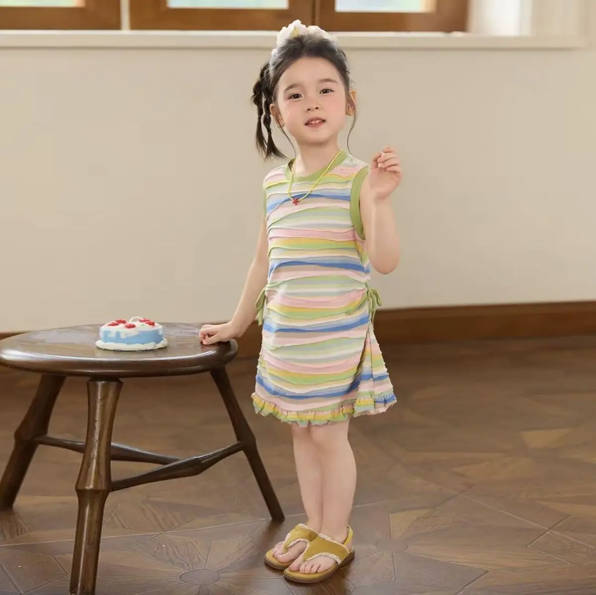 Girls Summer Colorful Striped Vest Dress Middle Young Kids Baby Girl Summer 2026 New H Shape Dress Stylish Trendy