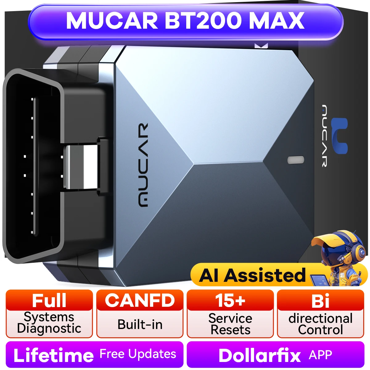 

MUCAR BT200 Max AI Assisted OBD2 Диагностический инструмент CAN FD Двунаправленное управление Диагностика всей системы 15, Сброс пожизненное бесплатное обновление