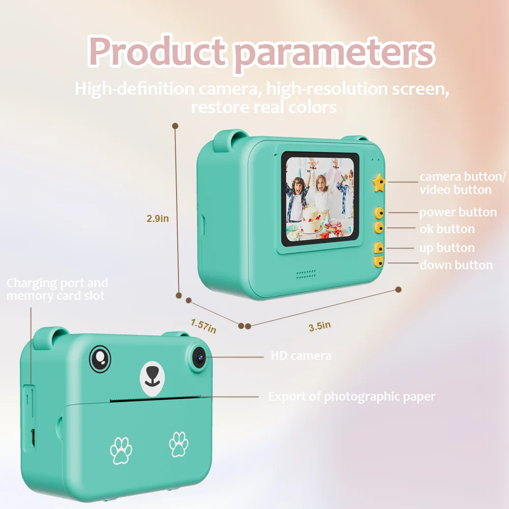 กล้องพิมพ์เด็กทันที พร้อมกระดาษเทอร์มอล 3 ม้วน | การชาร์จ USB | เลนส์คู่ |   แบตเตอรี่ลิเธียม 1500 mAh ของขวัญวันหยุดและวันเกิด