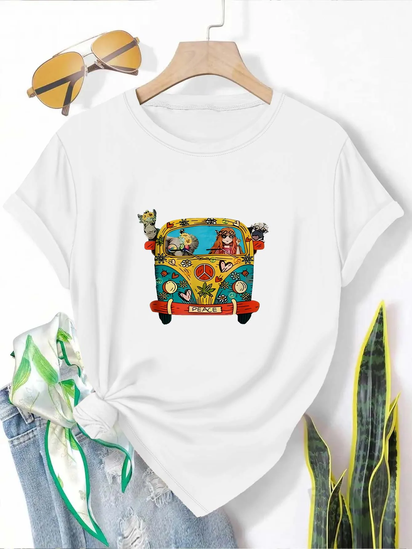 Plus Size Retro Hippie Van Graphic Tee Elegant And Fashionable Top For Free Spirited Fashion Lovers