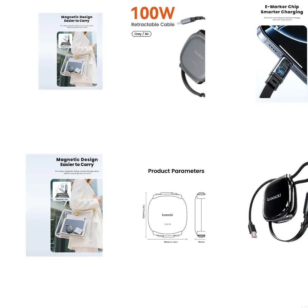 E1PF USB C to USB C 100W Charging Cable with Pull Back Storage for Travel